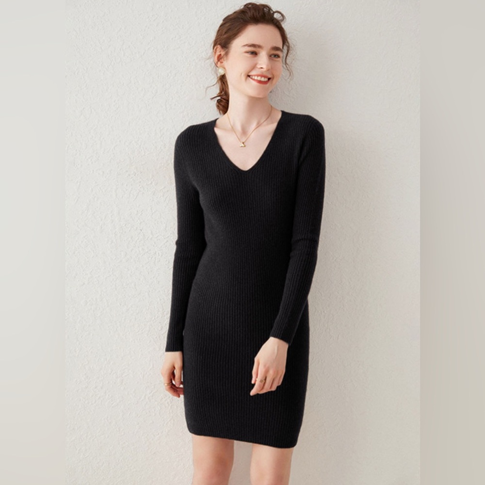 Black Long Sleeve Ribbed Dress